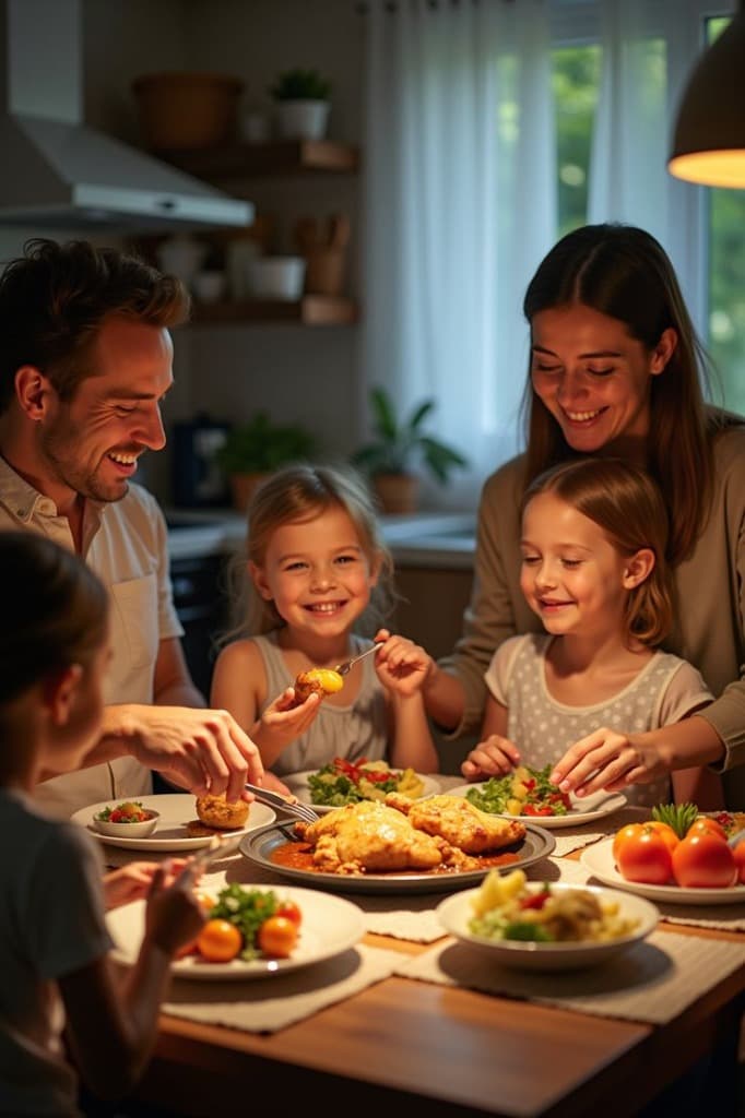 Famille marocaine chaleureuse réunie autour d'une table en bois partageant un repas fait maison
